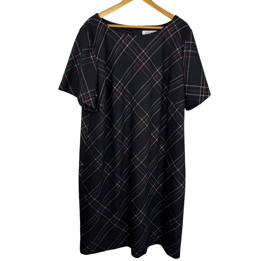 Kasper Black Plaid Career Sheath Dress Sz 22W Midi Red White Classic Preppy EUC